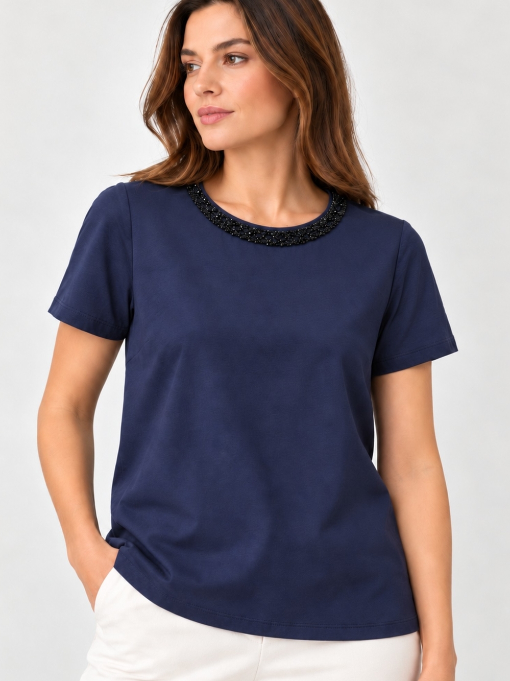 MaxMara Navy Short-Sleeve Beaded Crewneck Tee